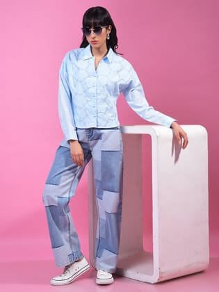 Blue Embroidered 100% Cotton Crop Shirt-S / Blue