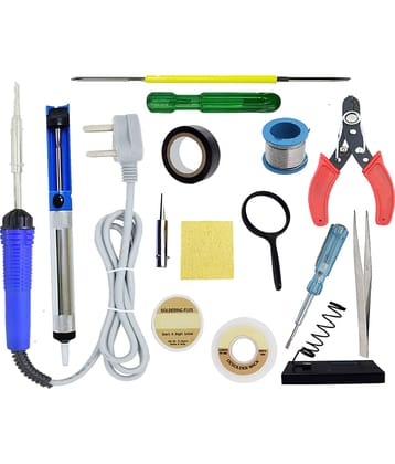 ALDECO: ( 14 in 1 ) SOLDERING IRON 25 Watt Professional Kit -Blue Iron, Wire, Flux, Wick, Stand, Tester, Tweezer, 2 in 1 Screw Driver, Desoldering Pump, Lens, Bit, Sponge, Tape, Cutter