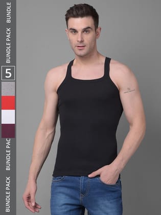 Men's Assorted Pack of 5 Solid Combed Cotton Racerback Styled Gym Vest Men's Assorted Pack of 5 Solid Combed Cotton Racerback Styled Gym Vest