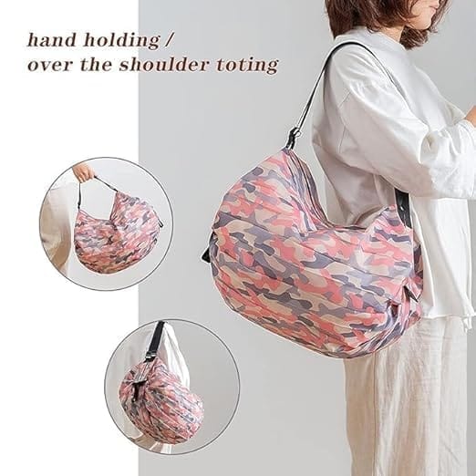 Unisex-Adult Portable Foldable Shopping Bag Large Capacity Multipurpose Storage Bag Sports Travel Shoulder Bag (Pink Camouflage)
