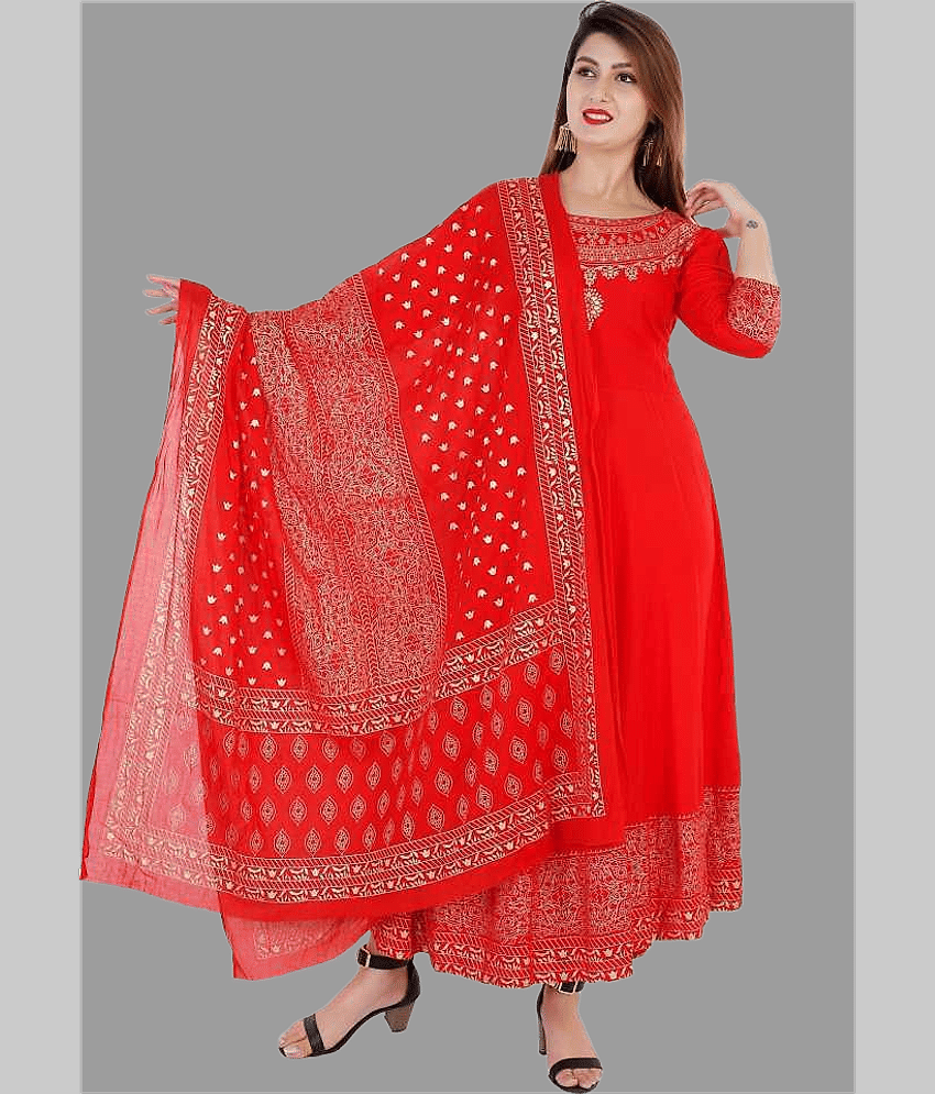 NUPITAL Rayon Printed Anarkali Women's Kurti with Dupatta - Red ( Pack of 1 )