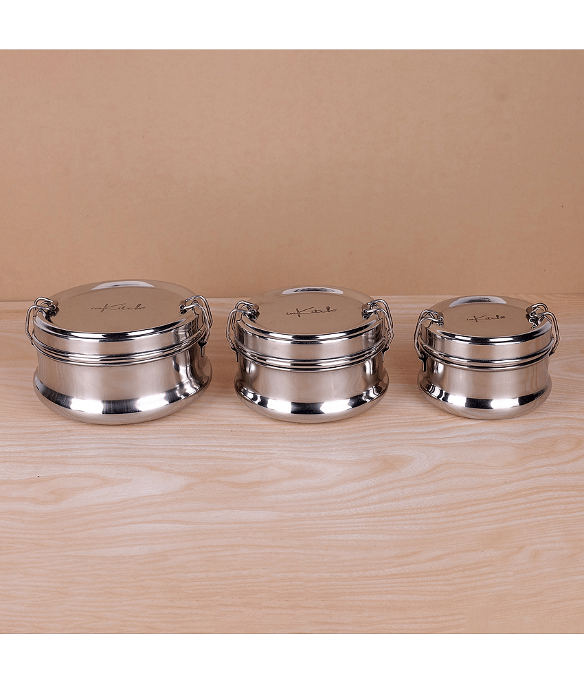inKitch Stainless Steel Lunch Box Stainless Steel Lunch Box 3 - Container ( Pack of 3 )