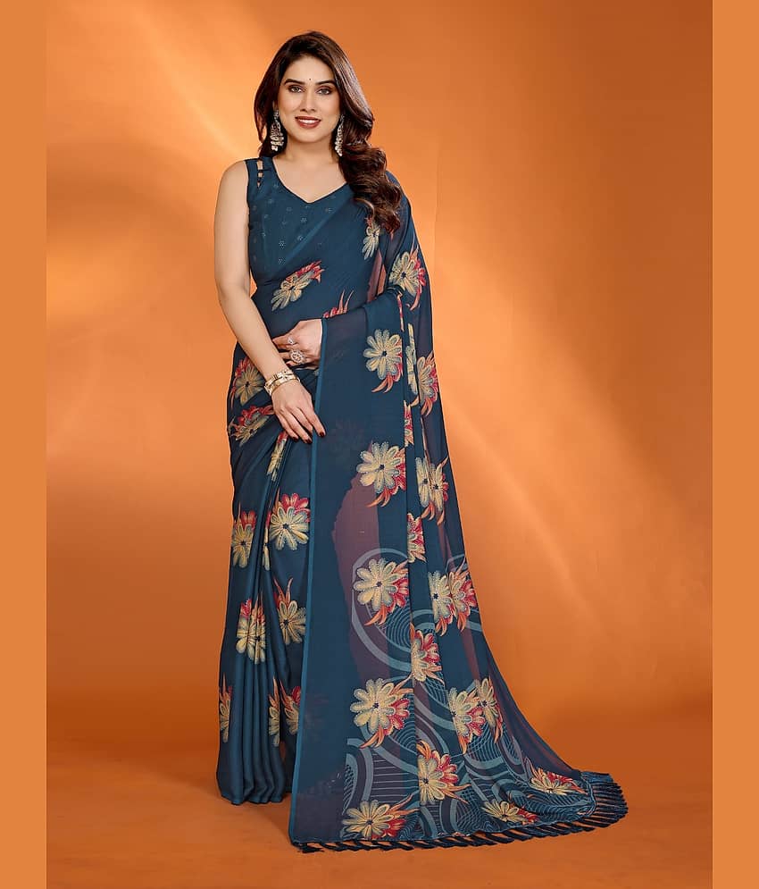 SARIK  FASHION Chiffon Printed Saree With Unstitched Blouse Piece ( Teal )