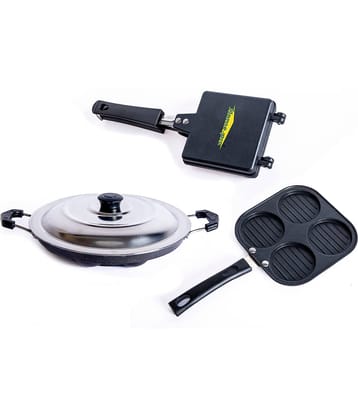 Homepro Non-Stick Set, Appam with Steel Lid 12 Cavity , Mini Uttapam 4 Cavity, Bread Toaster (Pack of 3)