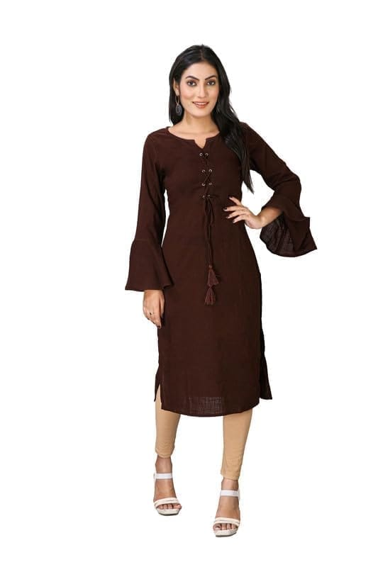 Women's Casual Full Sleeve Viscose Rayon Printed Kurti (Brown, M)-PID46424