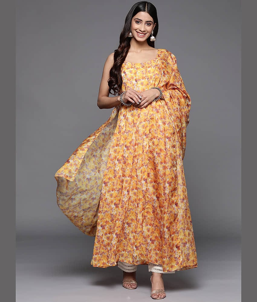 Varanga Georgette Printed Anarkali Women's Kurti - Yellow ( Pack of 1 )