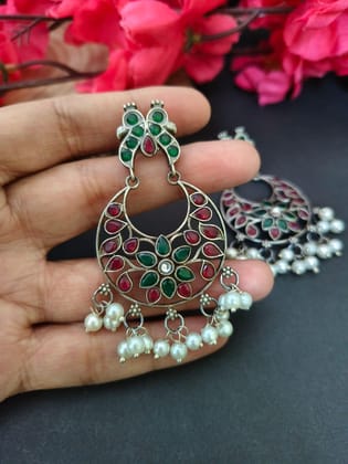 Pearl Oxidised Chandbali Earrings | Sarichka-Red - Green