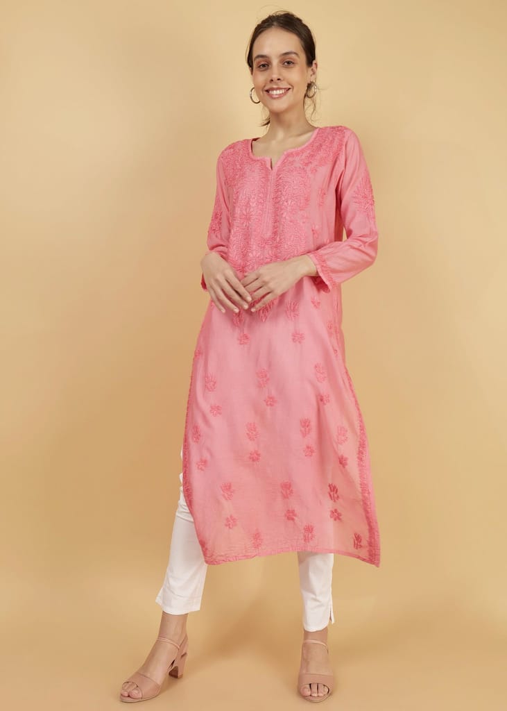 Chanderi Silk Hand Embroidered Long Pink Festive Kurta