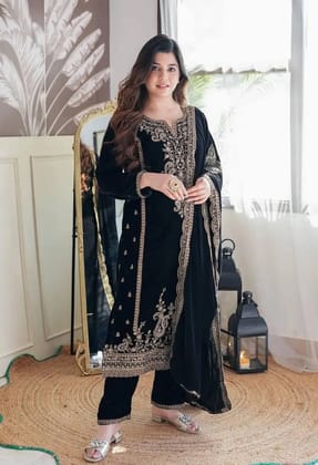 Ethenika Winter Ready to Wear Velvet Suit-Free Size [Alters 38-44]