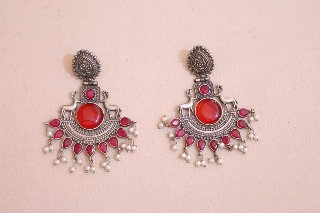 Vintage Style Oxidized Silver Earrings with Red Stones, Pearl Drops and Deer Motif, Traditional Indian Design