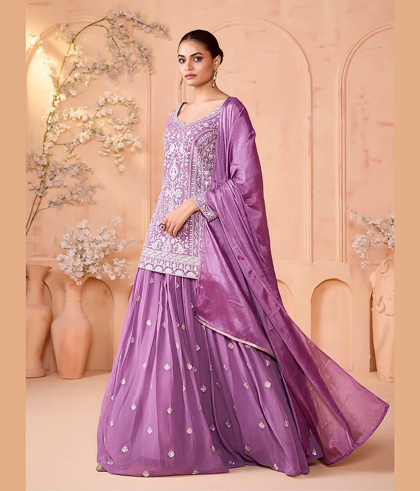 Madhuram Textiles Women Georgette Embroidered Straight Kurti With Sharara And Gharara ( Lavender )