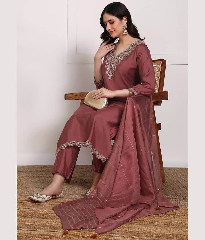 Hiva Trendz Women Silk Blend Solid Straight Kurti With Pants ( Rust )