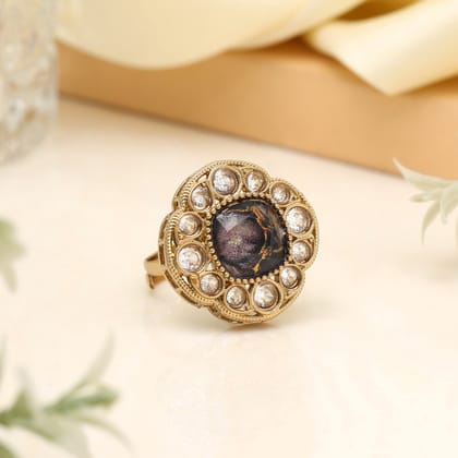 Matte Black Color Kundan Ring For Women-Ring_Size_Adjustable | Diameter Length: 2.50 CM x Width: 2.50 CM / Black / Alloy With Good Quality Mehndi Gold Plated
