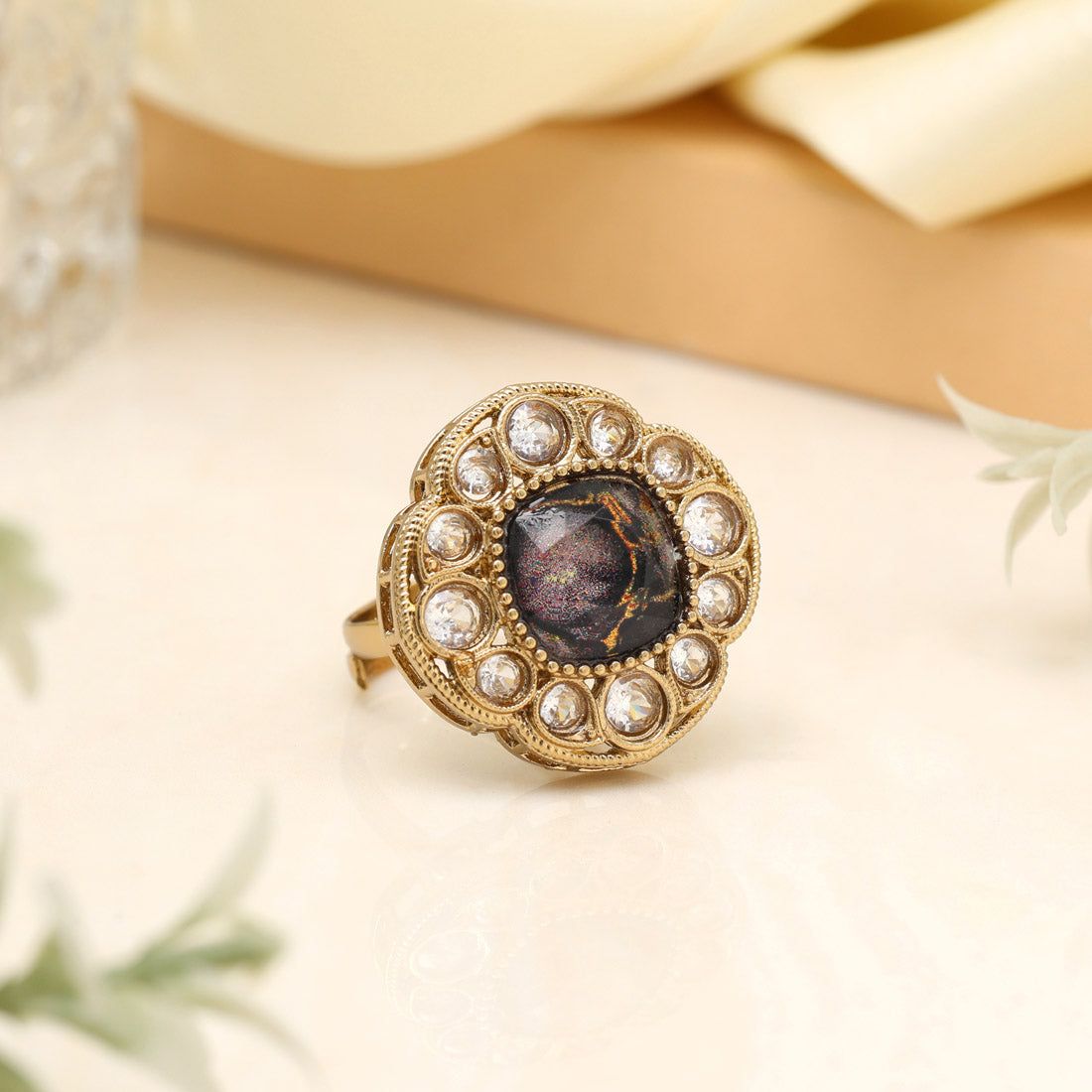 Matte Black Color Kundan Ring For Women-Ring_Size_Adjustable | Diameter Length: 2.50 CM x Width: 2.50 CM / Black / Alloy With Good Quality Mehndi Gold Plated