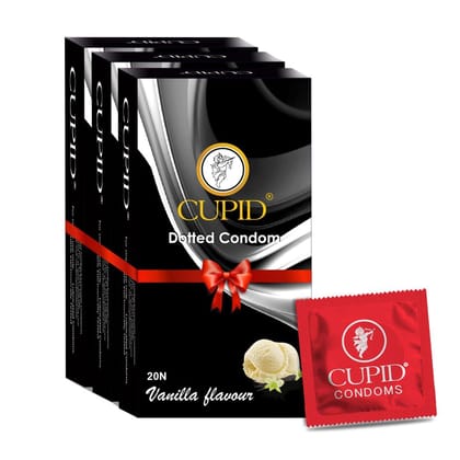 Cupid Dotted & Flavoured Condoms Vanilla Flavour (Pack of 3) | Lubricated & Multitextured Condoms | For Her Enhanced Pleasure | Pack of 3, 20 Pcs Each