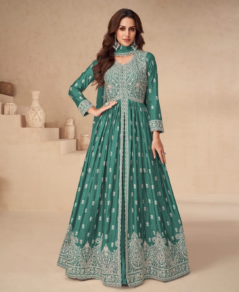 traditional front slit green chinon anarkali set for women