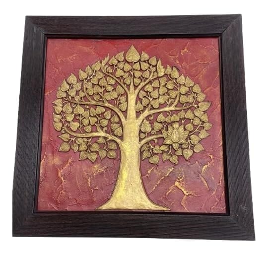 Framed Tree of Life Wall Art, Gold on Red, Textured Relief, Wooden Frame, Square Size-(36 * 36 cm)