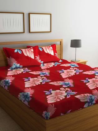 Red & Blue Floral 300 TC Flat King Bedsheet with 2 Pillow Covers