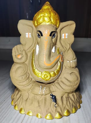 Golden Ganpati Idol (1 Unit) | Handcrafted Seated Ganesha Murti with Golden Crown & Mooshak | For Home Pooja Mandir & Decor