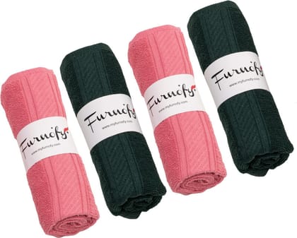 Furnofy Cotton 450 GSM Hand Towel Set Pink, Green (Pack Of 4)
