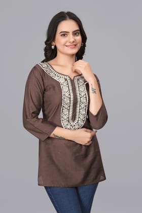 OWO THE LABEL Women Lucknowi kurti Short Floral work (OTLKRT2013)-Coffee Color / Medium