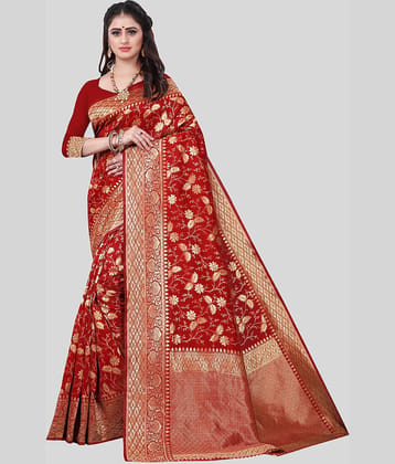 Gazal Fashions Banarasi Silk Embellished Saree With Unstitched Blouse Piece ( Red )