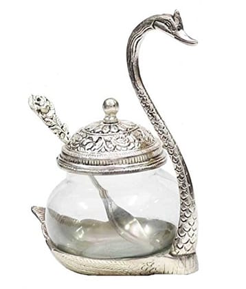 DreamKraft Aluminum Duck Shaped Blue Colored Glass Bowl Tray Set with Spoon (11x15x11 cm, Silver)