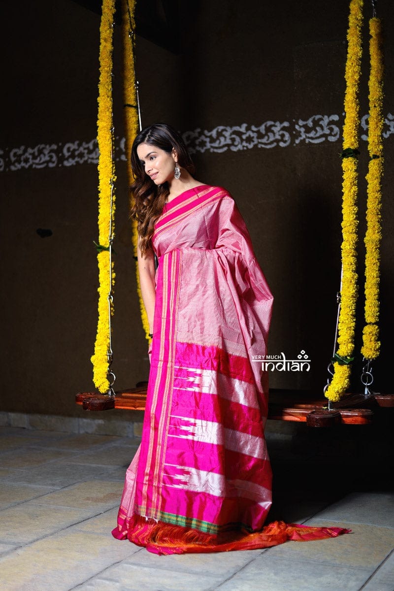 Handloom Cotton Viscose Ilkal Saree with Pure Resham Pallu - Baby Pink with Rose Pink Border