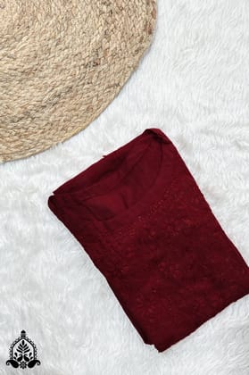 Aalia Chikankari Cotton Angarkha Kurta-Maroon / XL