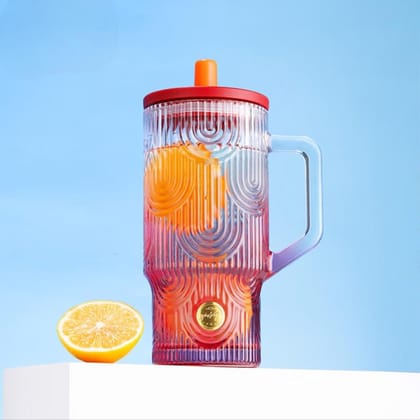 Glass Sipper with Lid and Straw | 650 ML | Unique and Morden Design Leakproof Tumbler with Colorful Textured Body and Handle |Travel Mug for Juise, Smoothies Cold and Hot Drinking Cups | Set of 1