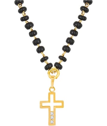 Fashionable Mangalsutra Gold Plated Cross Pendant With Black Beaded Golden Chain
