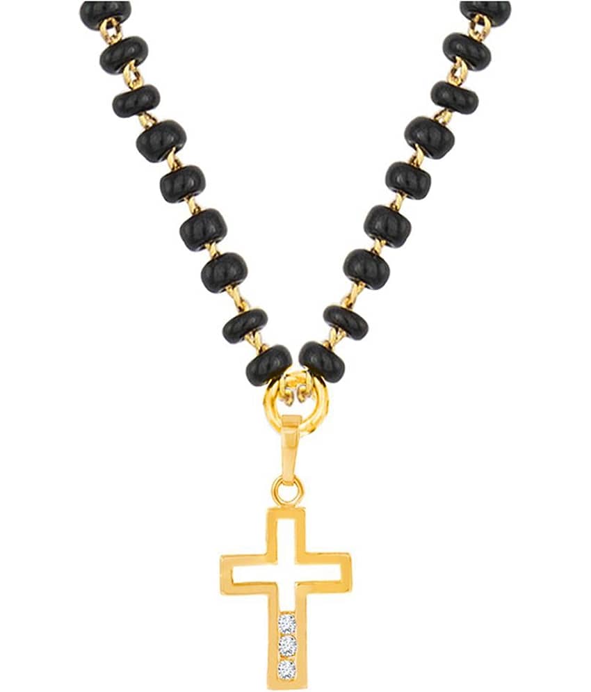 Fashionable Mangalsutra Gold Plated Cross Pendant With Black Beaded Golden Chain