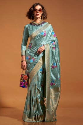 Blue Woven Satin Silk Saree