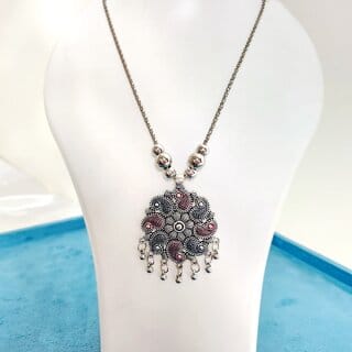 Elegant Long Pendant Style Oxidized Silver Tone Necklace and Earrings Set Brass Alloy Necklace with Earrings for Women