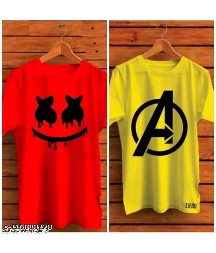 TREND SKY Polyester Regular Fit Printed Half Sleeves Men's Round T-Shirt - Multicolor ( Pack of 2 )