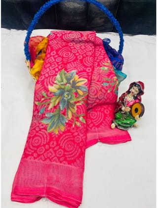 Women's Viscose Rayon Printed Saree with Unstitched Blouse (Pink)