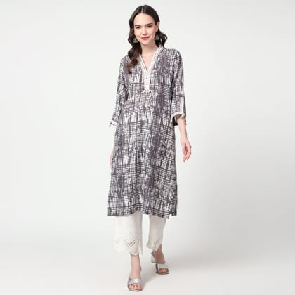 Grey Printed lace detailing kurta-M