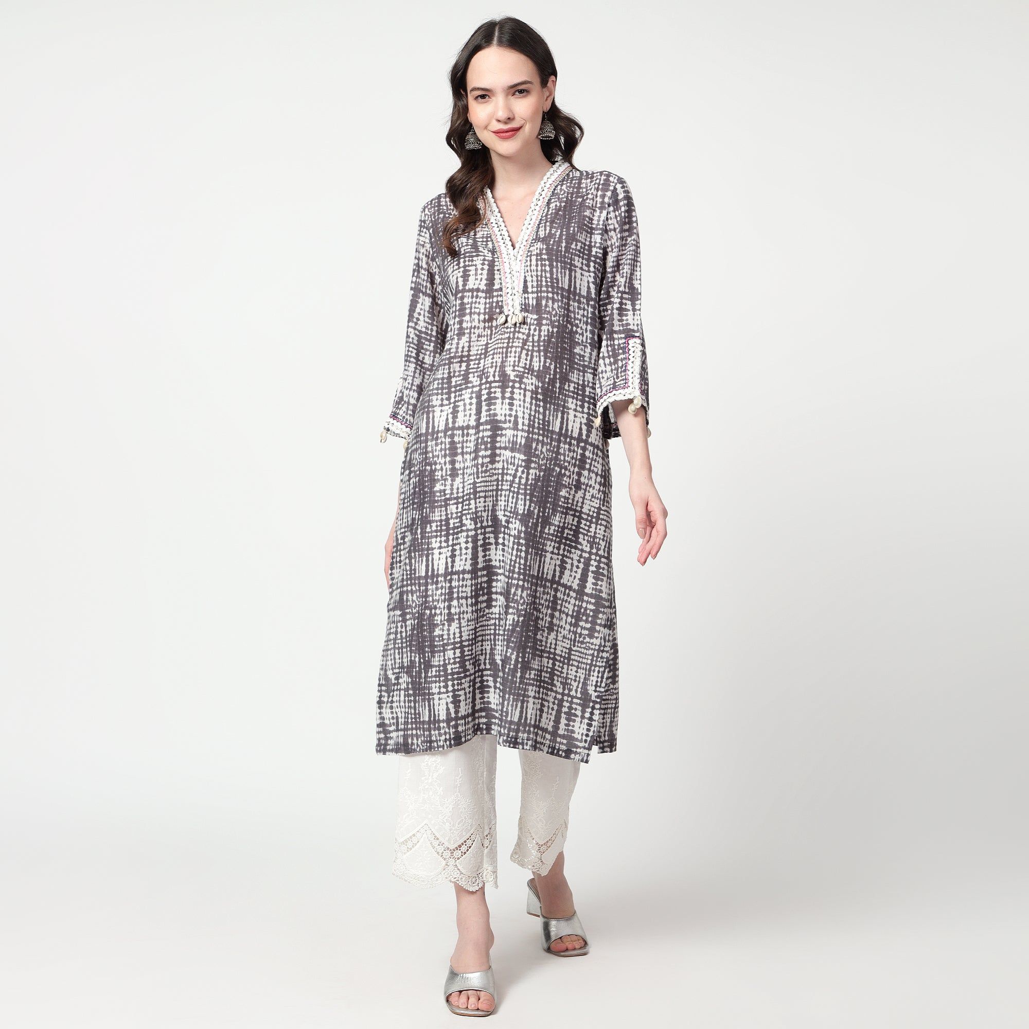 Grey Printed lace detailing kurta-M