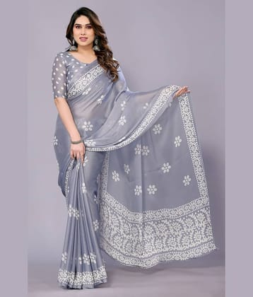 FABMORA Chiffon Printed Saree With Unstitched Blouse Piece ( Grey )