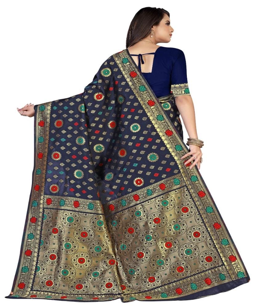 Women's Banarasi Silk Designer Weaving Saree with Unstitched Blouse (Blue, 5.50 Mtrs)
