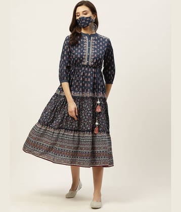 Juniper Women Cotton Printed Fit & Flare Dress ( Blue )