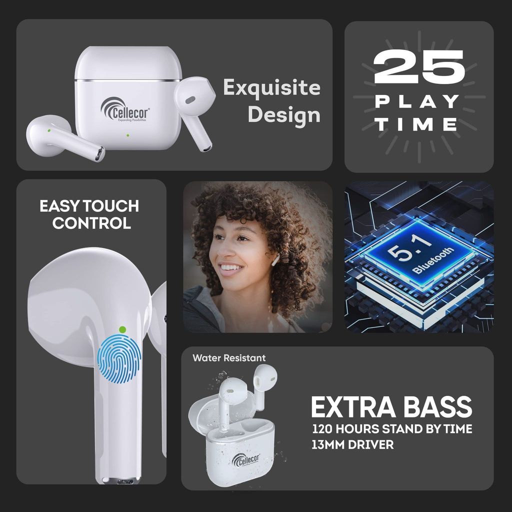 CELLECOR BroPods CB01+ Waterproof Earbuds with 25 Hours Playtime, Automatic Pairing, ENC Bluetooth Headset ( White)