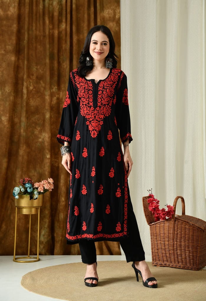Black Kurta with Intricate Chikankari Work - Red