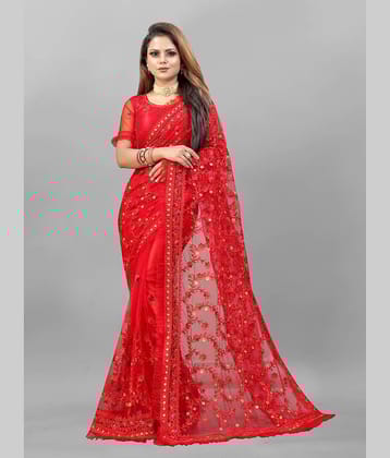 Apnisha Net Embroidered Saree With Unstitched Blouse Piece ( Pink )