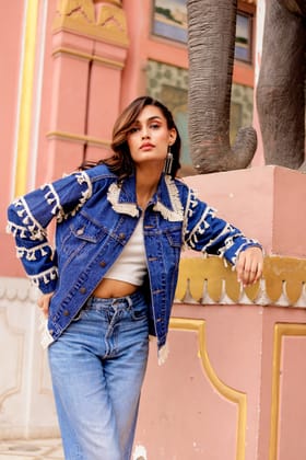 Timeless Fusion Denim Jacket with Indian Handcraft Details-S