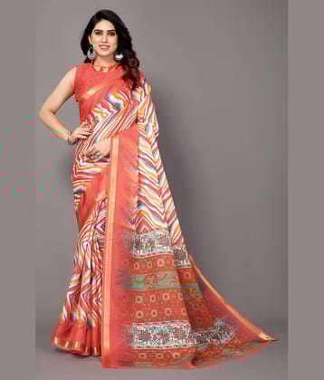 FABMORA Cotton Printed Saree With Unstitched Blouse Piece ( Pink )