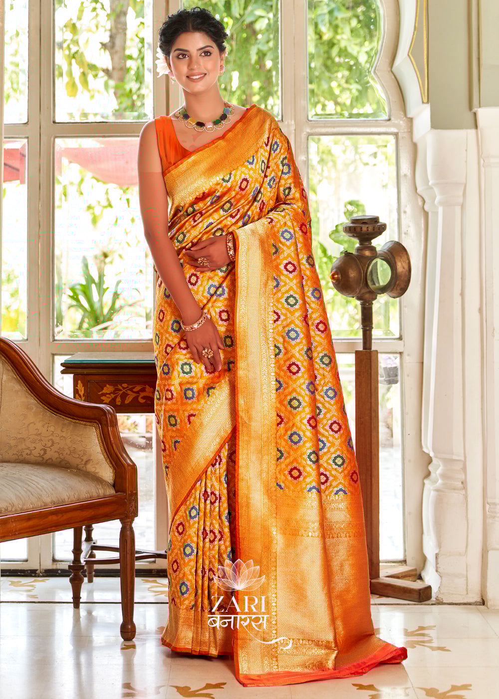 Rani-Sa:  Banarasi Brocade Saree with Zari Jaal in the Shade of Golden Yellow