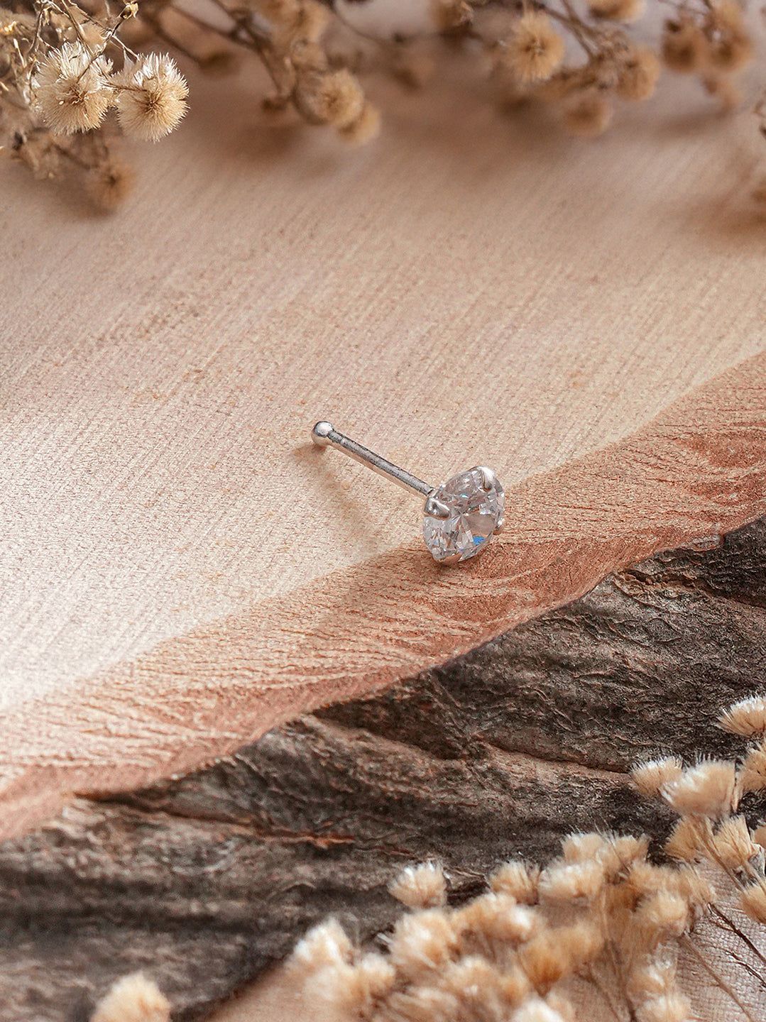 925 Sterling Silver Round AD Embellished Solitaire Shiny Nose Pin