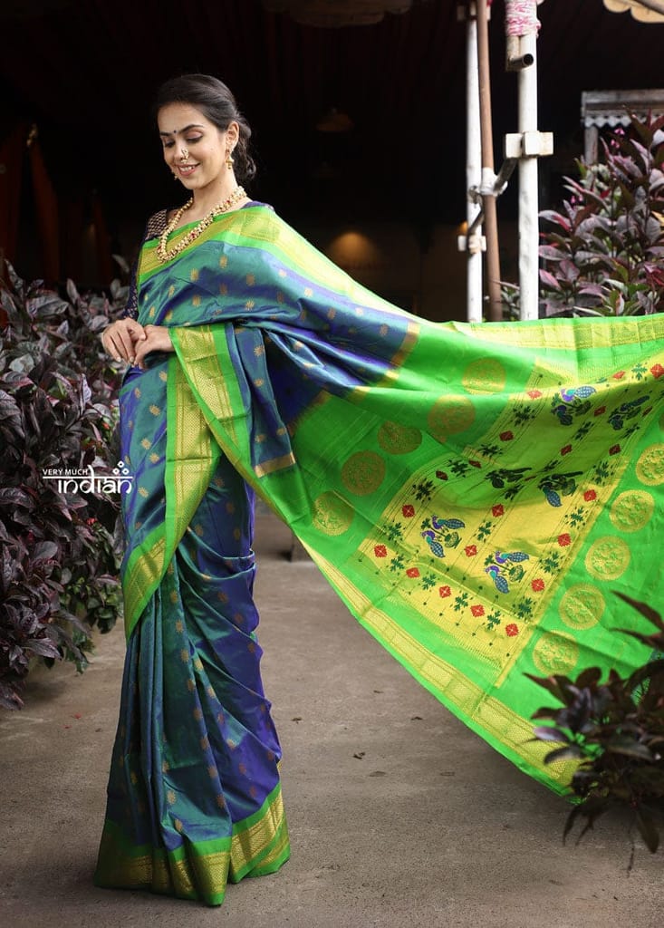 Utsaav ~ Authentic Handloom Pure Silk Maharani Paithani - Beautiful Dual Tone Blue with Fresh Green Border and Pallu - Sarees | Buy online on ZillyBuy
