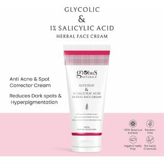 Globus Naturals Glycolic & 1% Salicylic Acid Herbal Anti Acne Face Cream, Enriched with Aloe Vera & Vitamin E, Reduces Dark spots & Hyperpigmentation, 100 gm